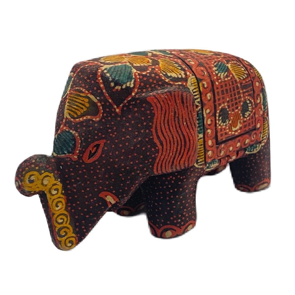 Handmade Vintage Bulsa Wood Carved and Painted Elephant From India 3.5 X 5.5 X 2
